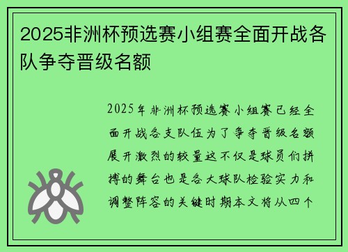 2025非洲杯预选赛小组赛全面开战各队争夺晋级名额