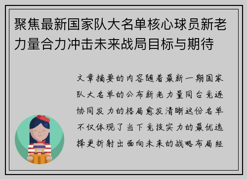 聚焦最新国家队大名单核心球员新老力量合力冲击未来战局目标与期待